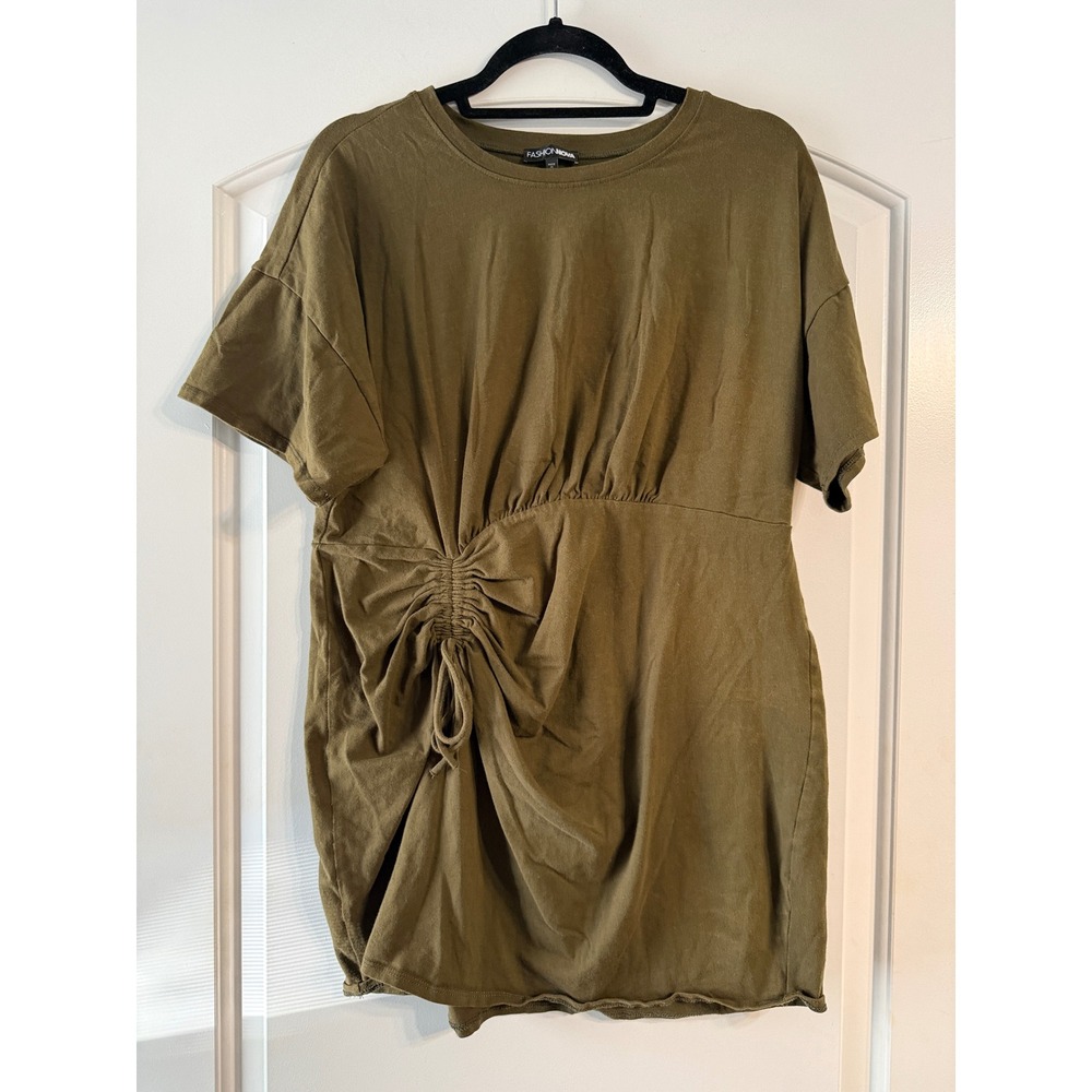 Fashion Nova T-shirt Dress M Olive Green Ruched Side Tie Mini Gorpcore Cotton